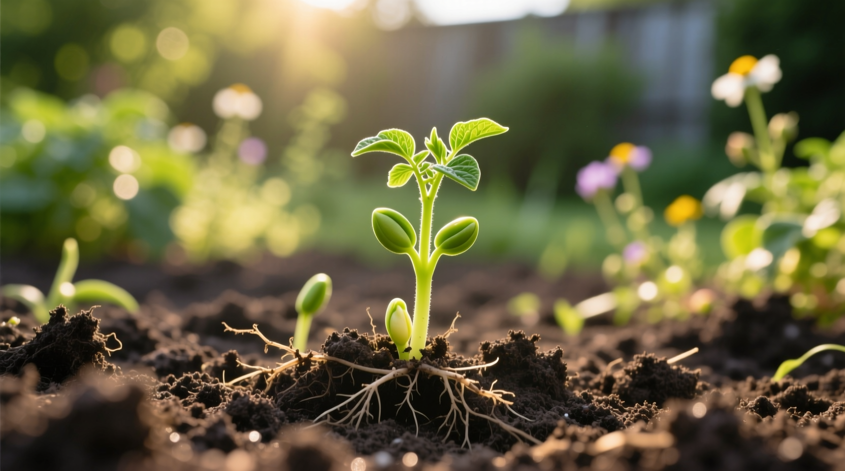 Potato sprouts emerging from soil in garden