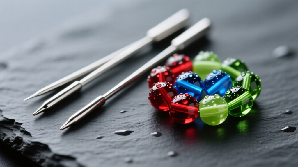 Macro shot of three stainless steel beading needles resting on dark slate next to vibrant glass seed beads under studio light.