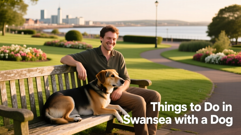 A dog and pet parent relaxing on a bench in a sunny, green dog-friendly park in Swansea.