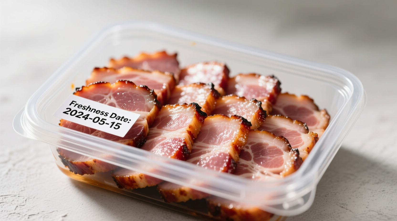 Sliced cooked gammon in airtight container with freshness date