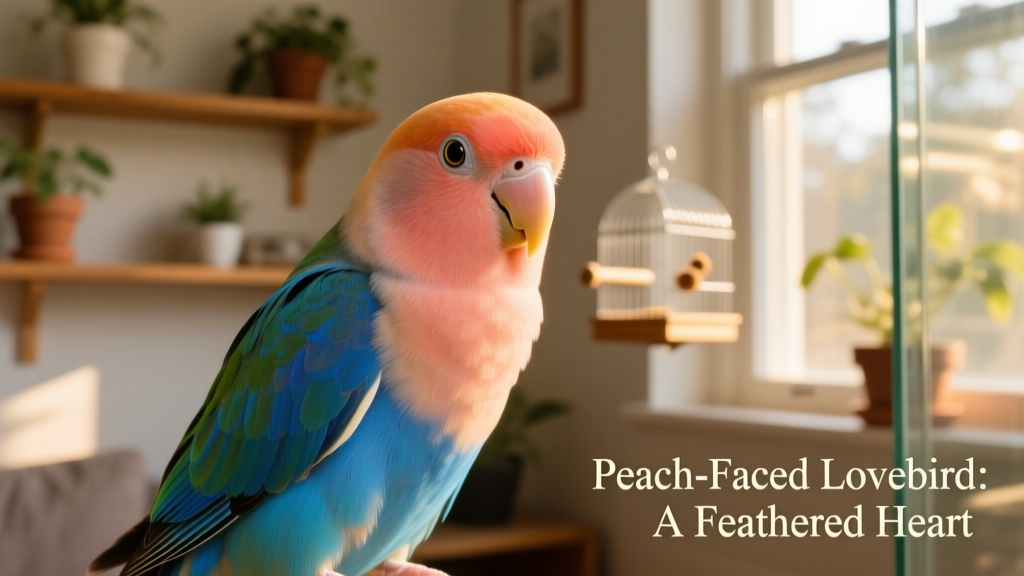 Close-up portrait of a peach-faced lovebird showing its distinctive peach-colored face and blue rump
