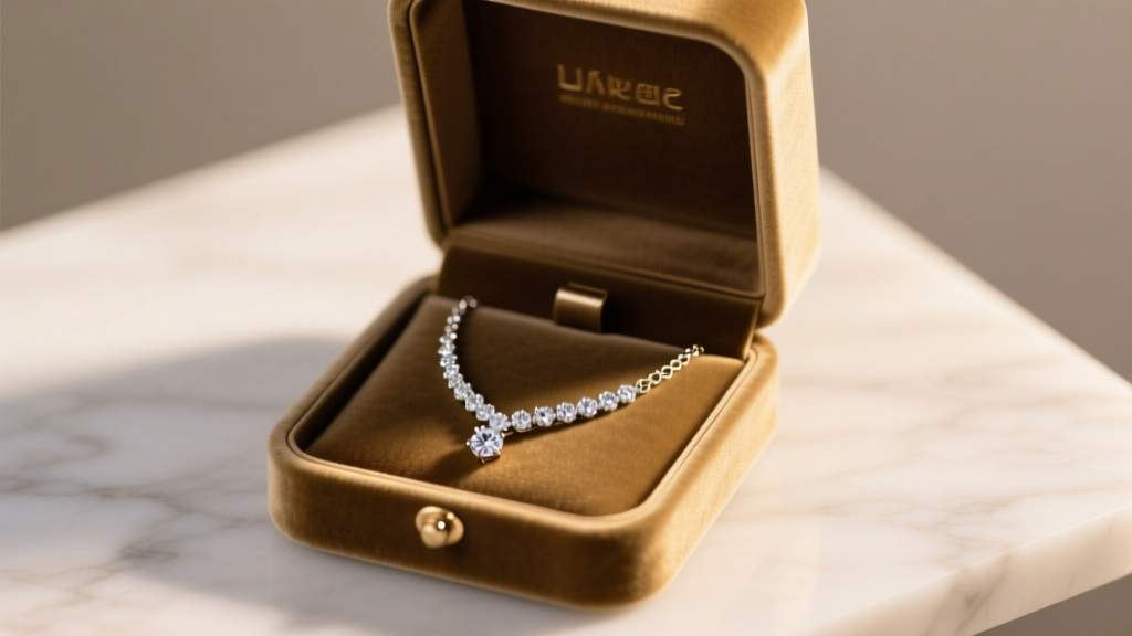 Open velvet gift box revealing a sparkling infinity collier necklace with lab diamonds, illuminated by soft romantic lighting