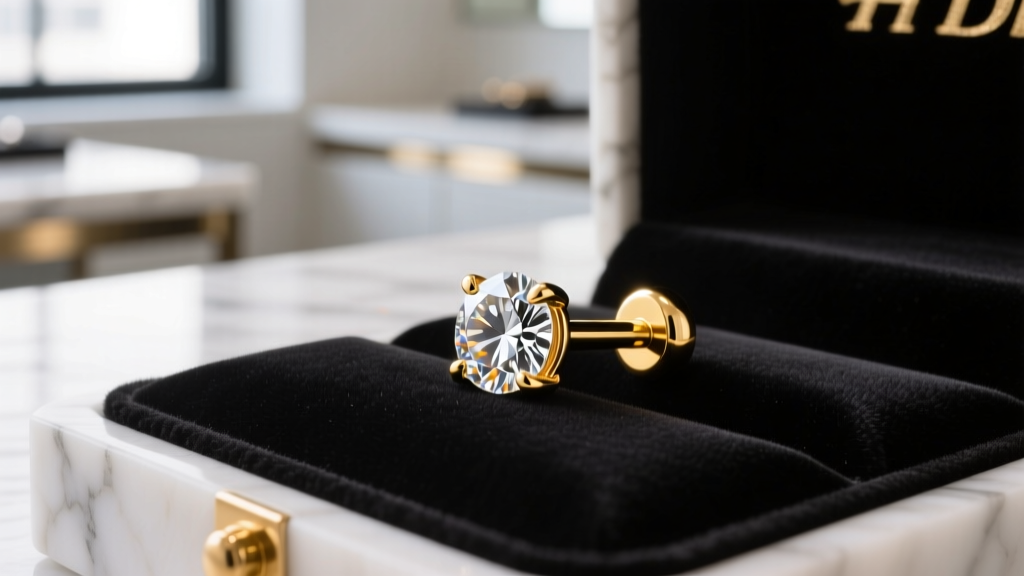Macro shot of a 14k gold threadless labret stud with a brilliant diamond end resting on dark velvet inside a luxury piercing studio.