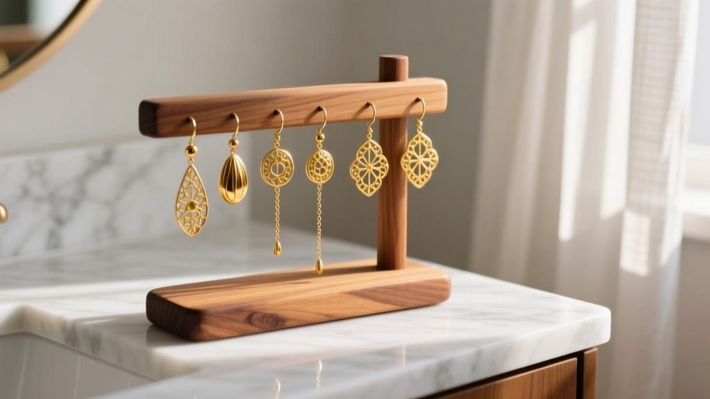 A wooden DIY earring holder displaying gold dangle earrings on a marble vanity, illuminated by soft morning light.