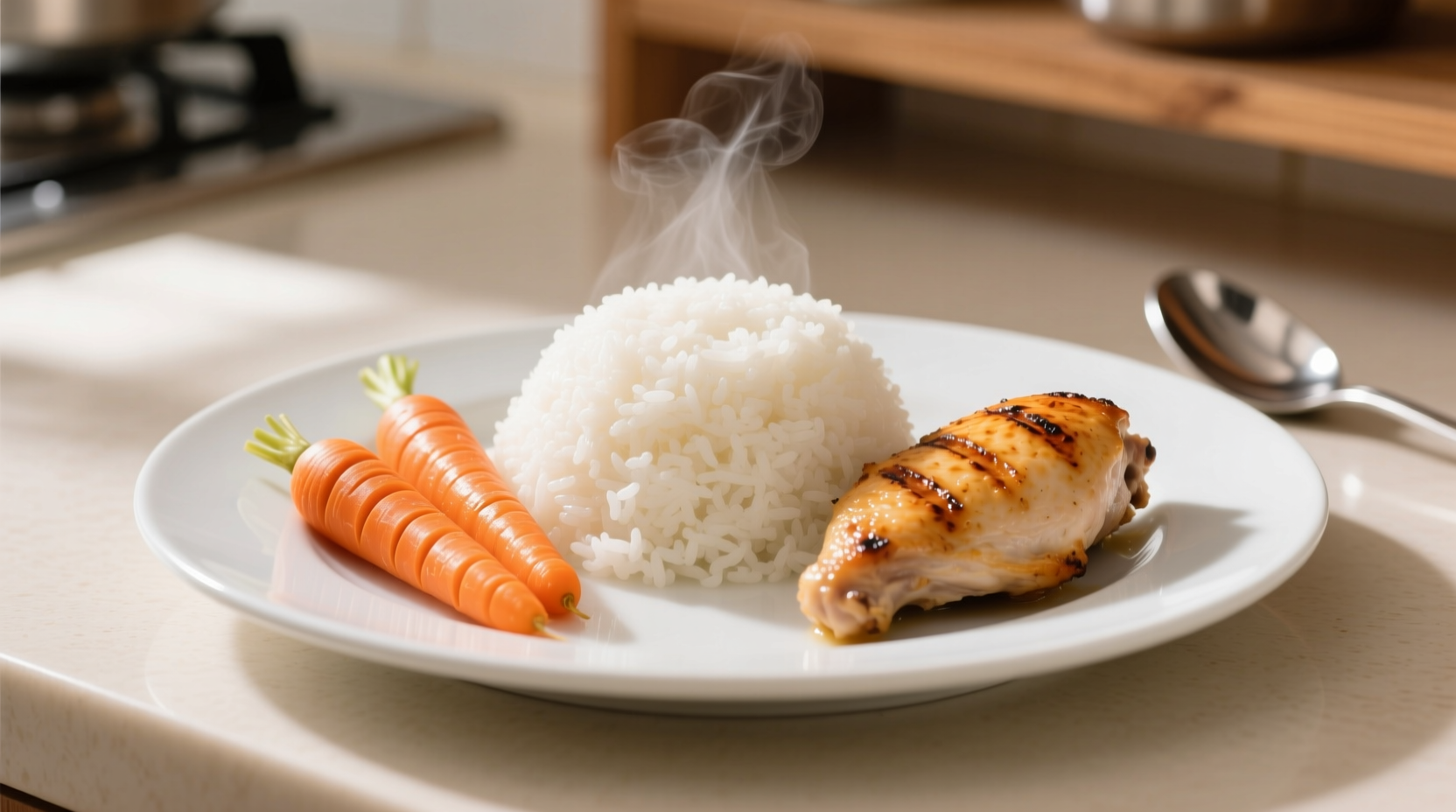 Low residue food plate with white rice, cooked carrots, and baked chicken