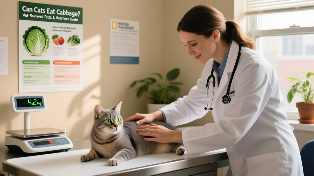 Veterinarian gently examining a calm cat during an office visit, with a digital scale and nutrition chart visible in background