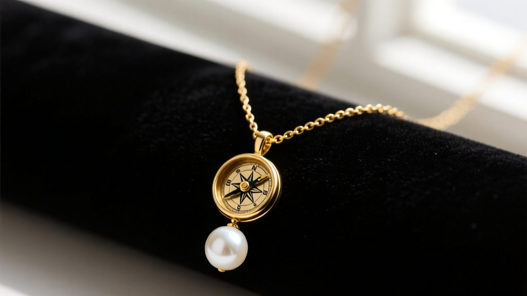 Gold-filled charm necklace on dark velvet, featuring a small brass compass and pearl pendant under soft window light