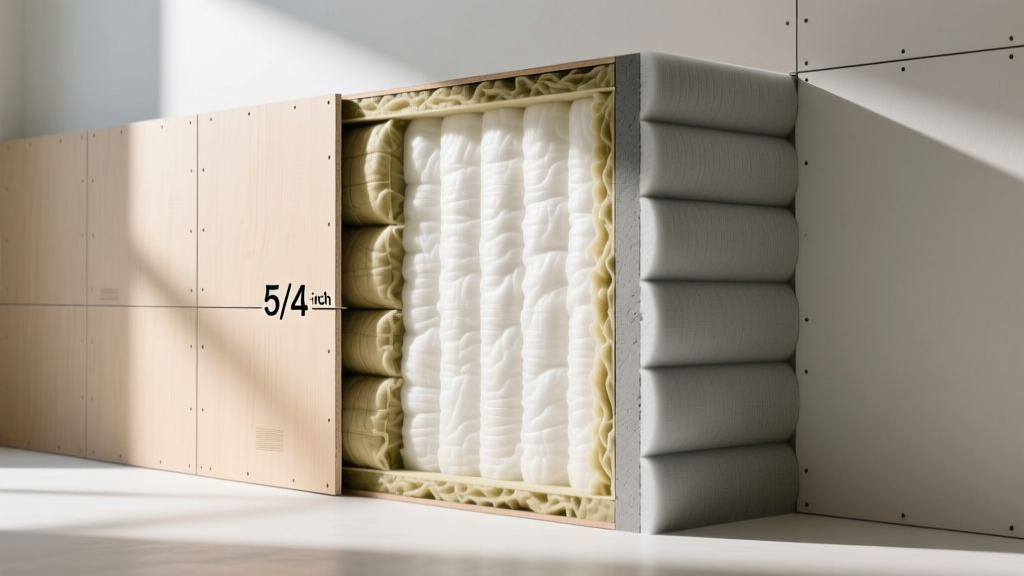 Cross-section of a high-performance wall assembly showing 5/8 inch gypsum board, fiberglass batts, and exterior rigid foam insulation