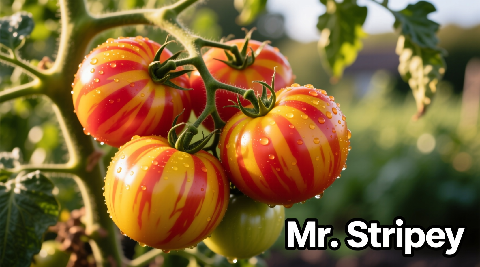 Ripe Mr. Stripey tomatoes showing distinctive yellow and red striping