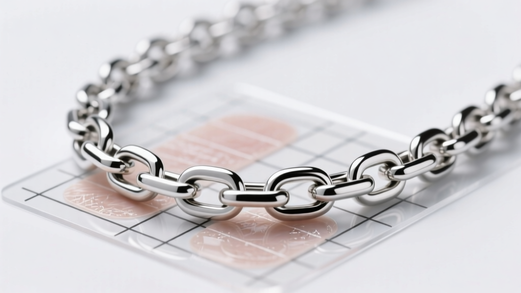Macro photography of a 316L stainless steel chain link necklace resting on a skin patch test grid under soft clinical lighting.