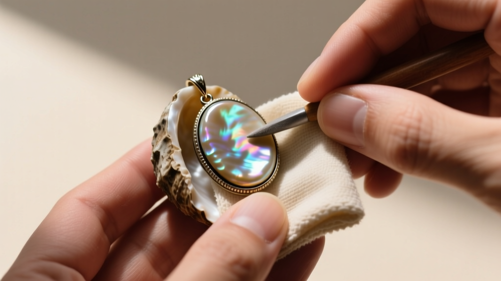 Hands polishing a real puka shell pendant with a microfiber cloth, showing a contrast between the dull and restored glossy sides