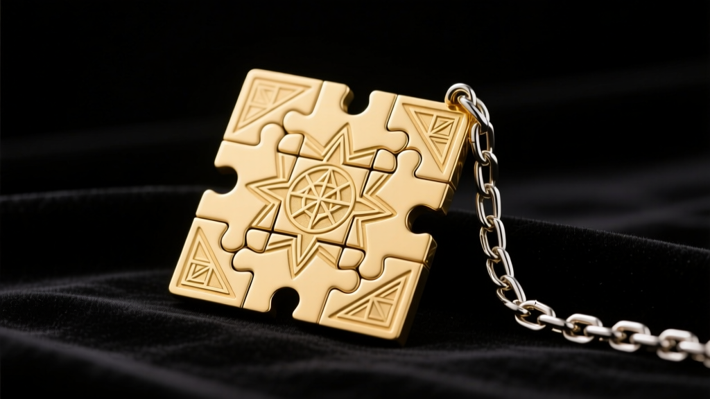 Heavy die-cast gold Zamak Millennium Puzzle replica on black velvet, showing intricate engravings and a thick stainless steel chain