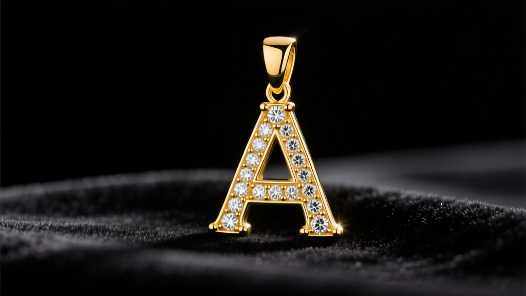 Macro shot of a 14k yellow gold initial A pendant with pave diamonds resting on dark velvet under warm studio lighting