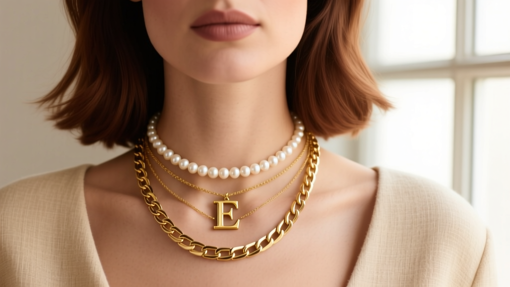 Woman wearing a layered necklace stack featuring a pearl choker, an 18-inch script initial medallion, and a 22-inch gold box chain.