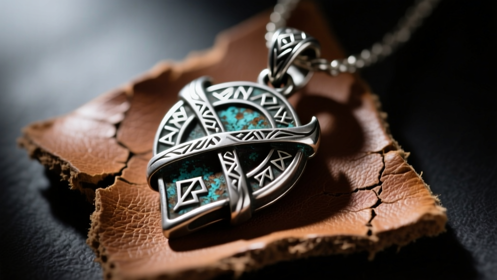 Macro shot of an oxidized sterling silver fantasy thieving amulet pendant resting on worn leather under moody directional lighting