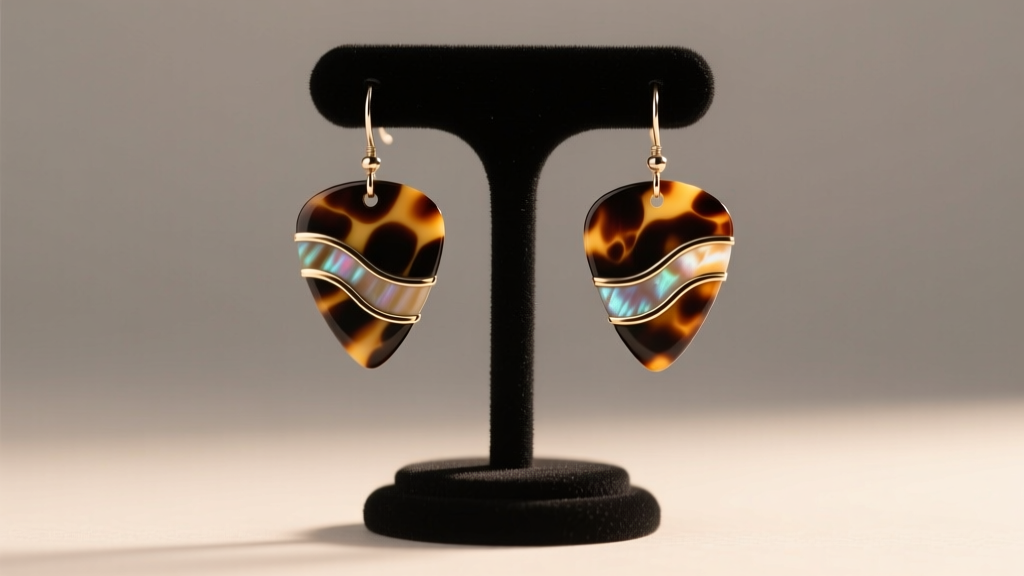 Custom tortoiseshell guitar pick earrings hanging from a matte black jewelry display stand under soft, warm studio lighting