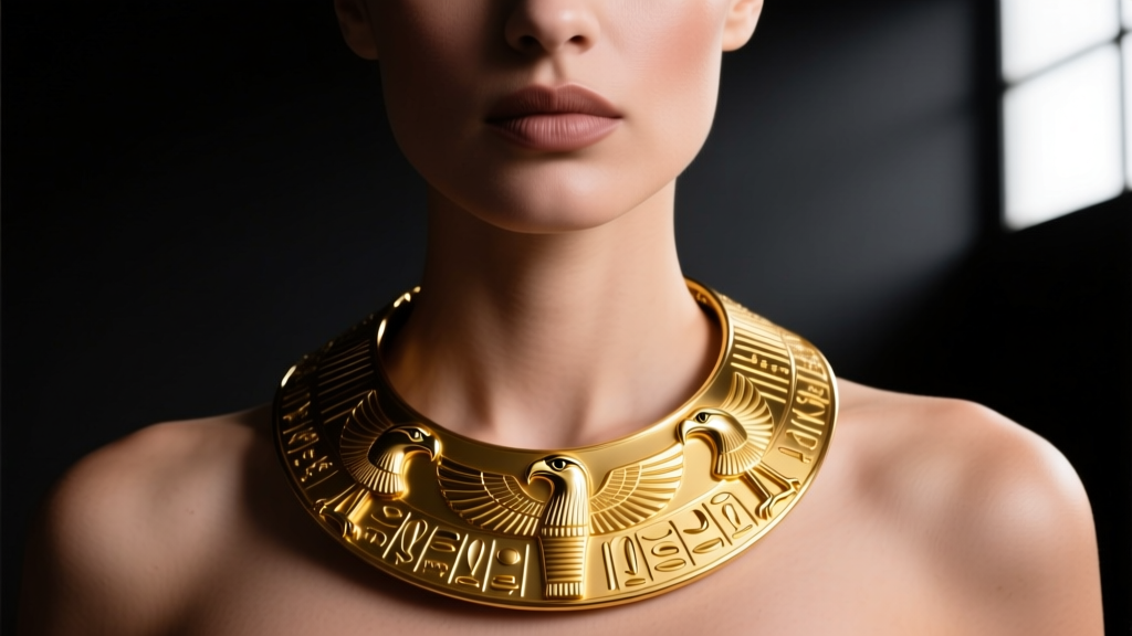 Close-up of a model wearing an 18k yellow gold Wesekh-inspired broad collar necklace against a dark, moody studio backdrop