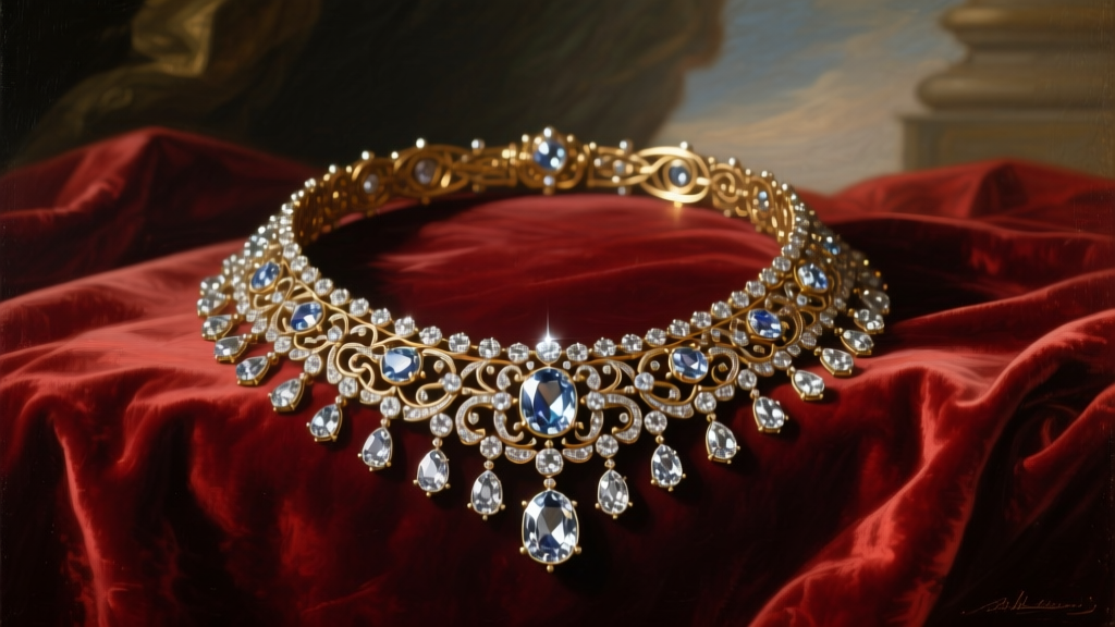 Dramatic oil painting style portrait of a lavish 18th-century diamond collar necklace resting on dark crimson velvet fabric