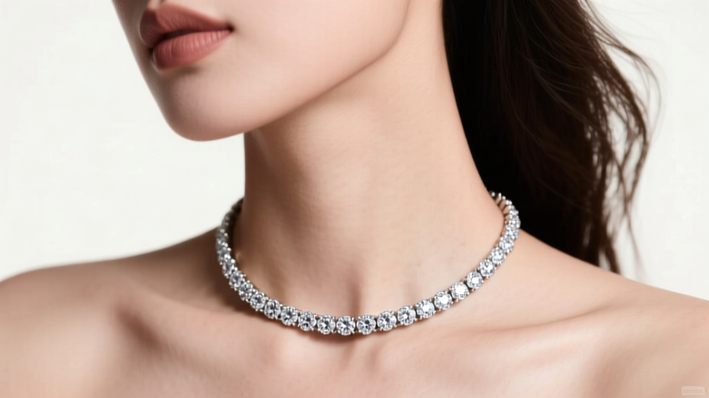 Female neck wearing a 15-inch platinum diamond tennis choker with bezel-set round stones, photographed in soft studio lighting