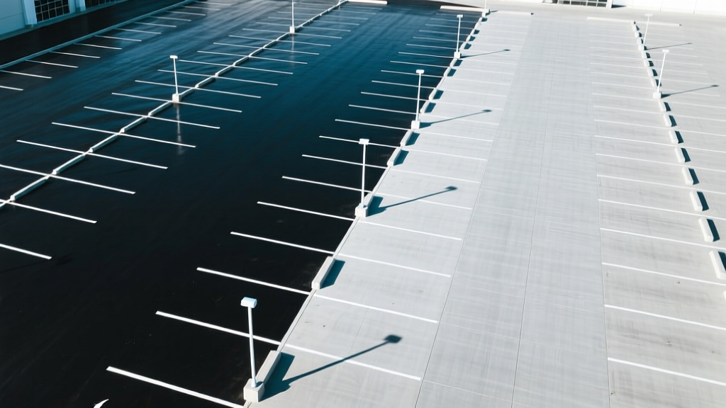 Aerial view of a commercial parking lot split diagonally between dark black asphalt and light gray concrete under bright midday sunlight.