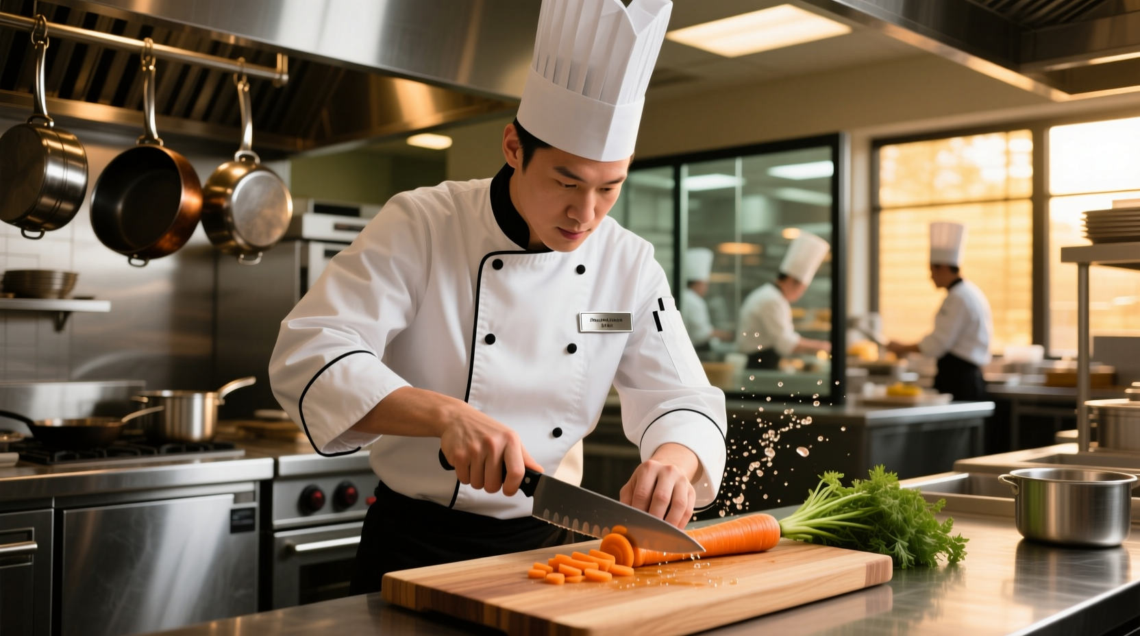 Professional chef preparing ingredients in a commercial kitchen