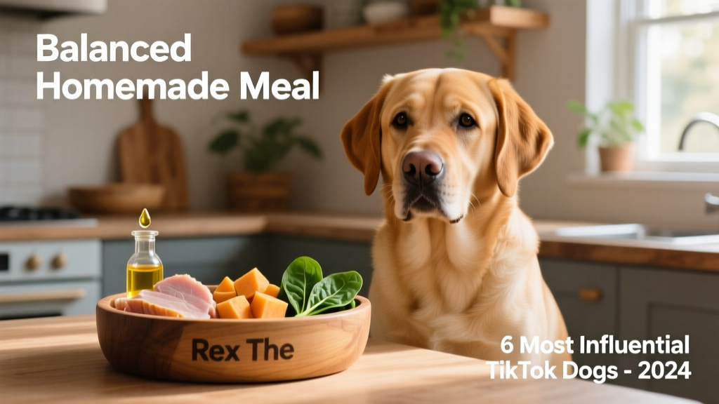 Rex the Labrador sitting calmly beside a labeled bowl of balanced homemade meal components: lean turkey, sweet potato, spinach, and fish oil