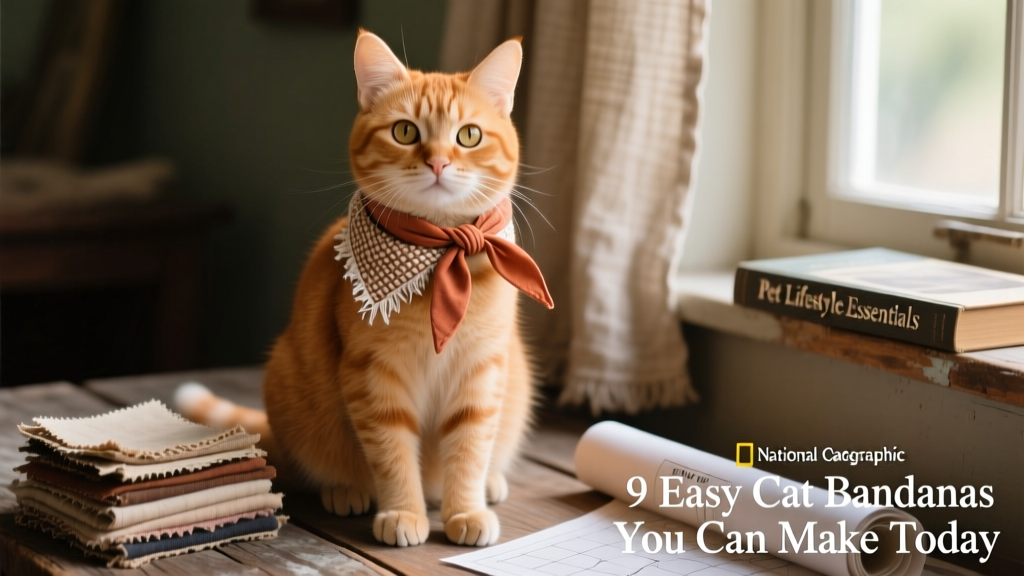A ginger cat wearing a soft, folded cotton bandana tied neatly at the side of its neck