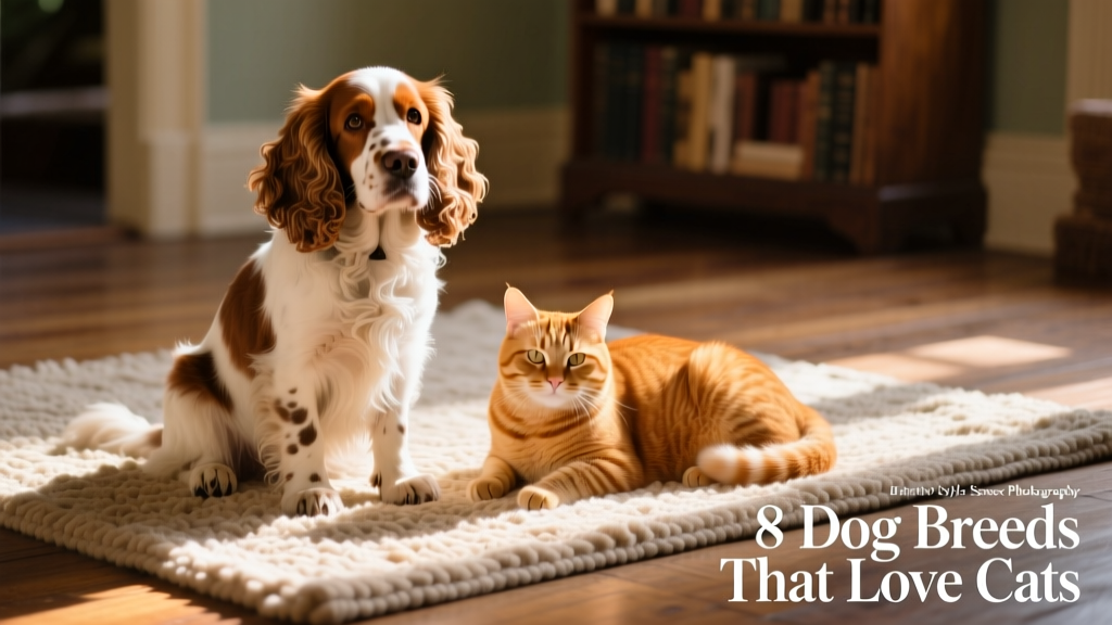 A Sussex Spaniel sitting calmly beside a relaxed ginger cat on a sunlit rug
