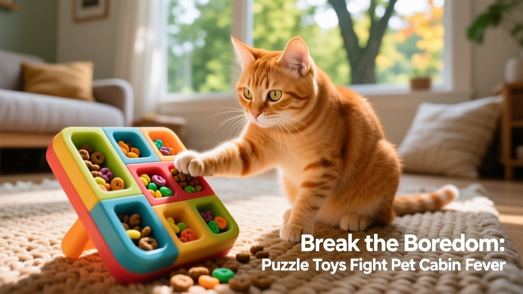 A curious cat pawing at a colorful, multi-compartment puzzle toy filled with treats