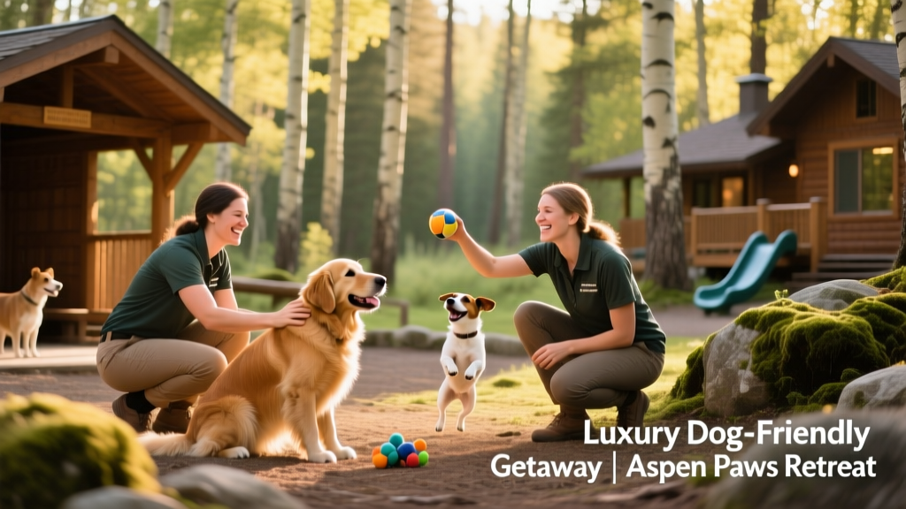 Friendly shelter staff interacting with dogs in a sunlit, nature-inspired outdoor play area