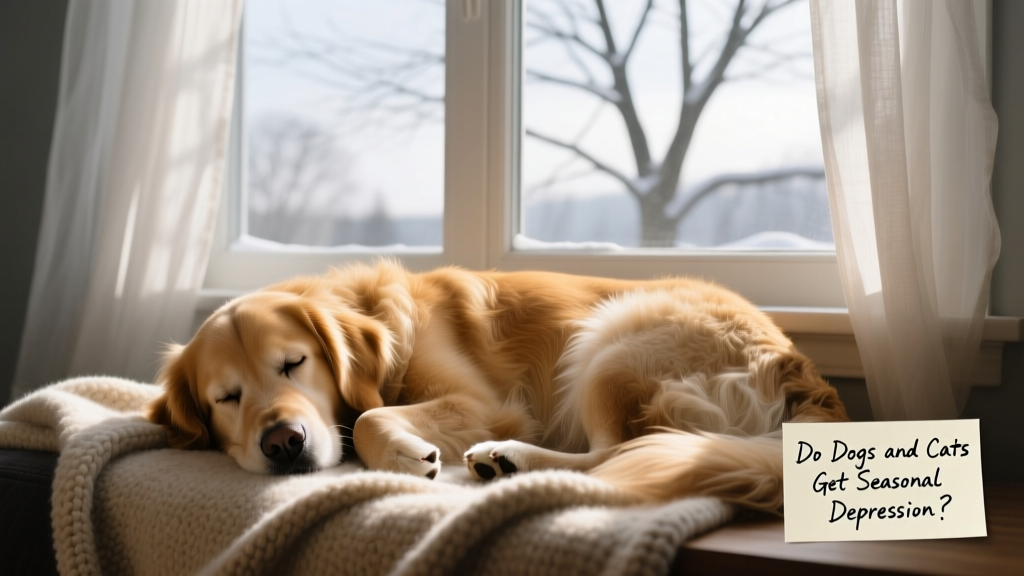 A golden retriever resting near a sunlit window on a gray winter day
