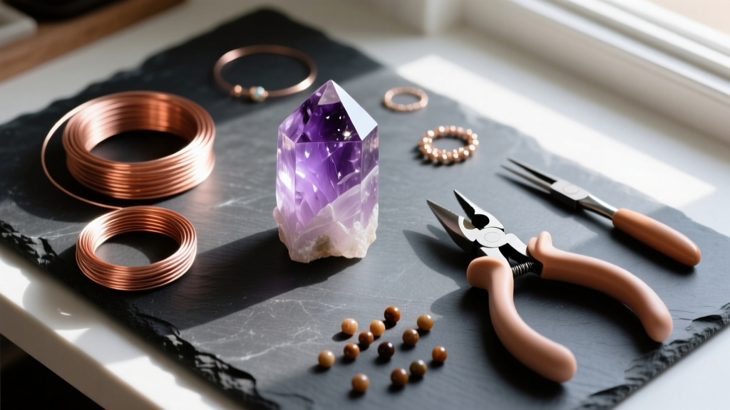 Overhead flat-lay of a DIY jewelry desk with 20-gauge copper wire, nylon jaw pliers, and a raw amethyst crystal on dark slate
