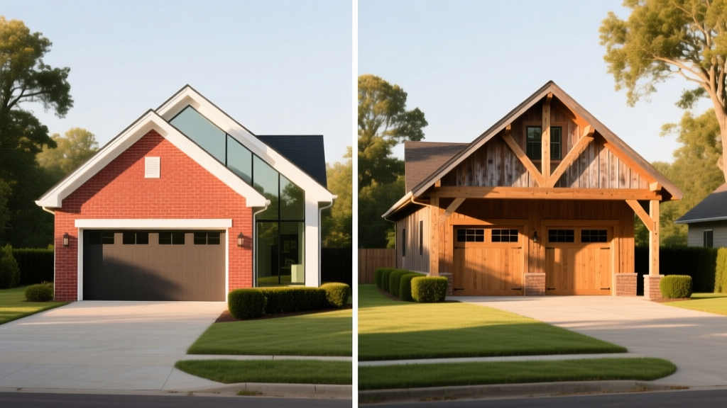 Split view of a modern attached brick garage on the left and a detached timber-frame two-car garage on the right