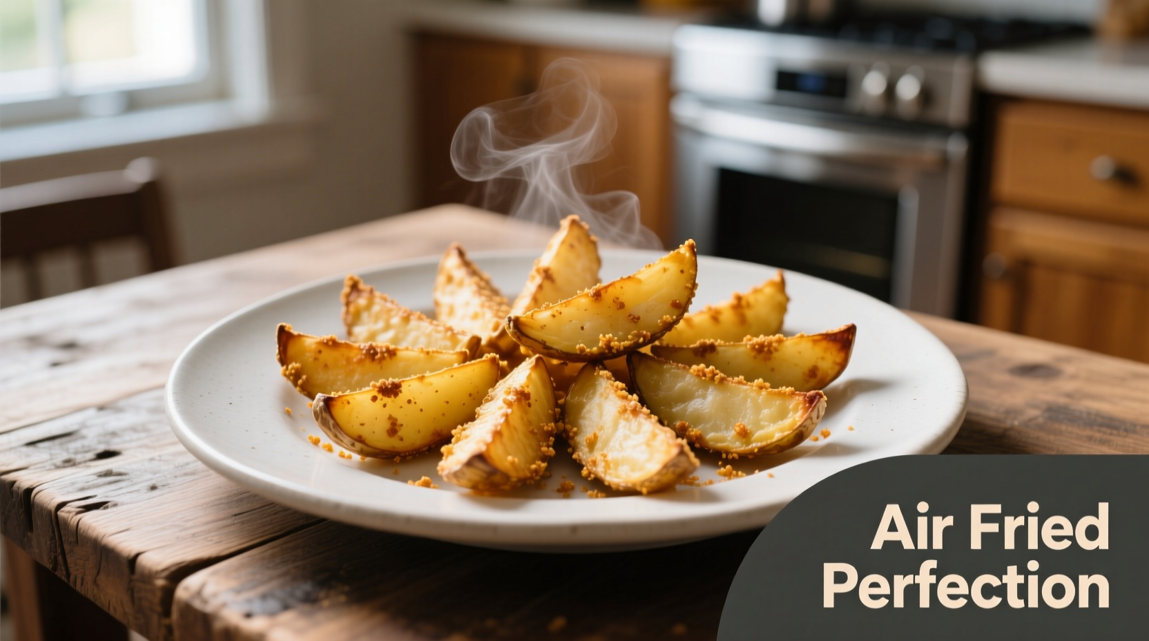 Golden air fried potato wedges on white plate