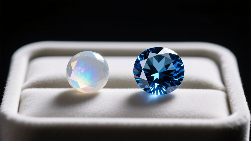 Macro shot comparing shallow-dome moonstone cabochon and steep-dome star sapphire cabochon side by side on a jeweler's grading mat