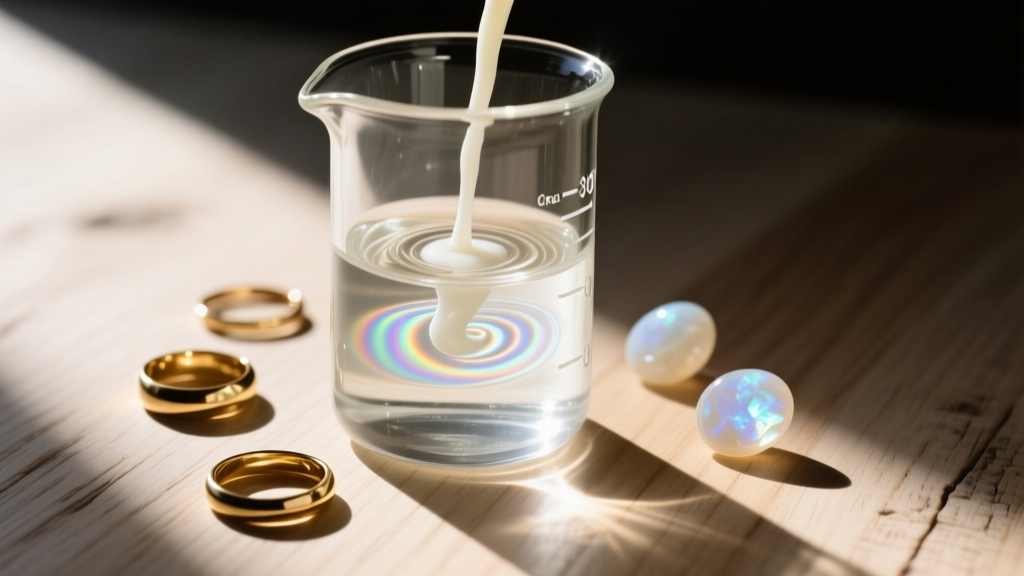 Close-up glass beaker mixing distilled water and mild castile soap, surrounded by raw gold rings and soft moonstone gems on wood.