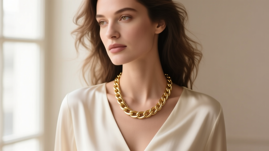 Close-up of a woman wearing a 22-inch gold vermeil lariat Y-chain necklace resting on the collarbone over a silk v-neck top.