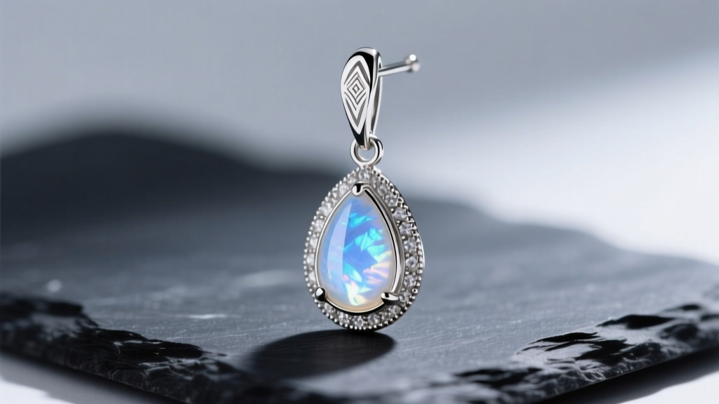 Close-up of a 925 sterling silver dangle earring with a teardrop moonstone, resting on dark slate with soft directional lighting