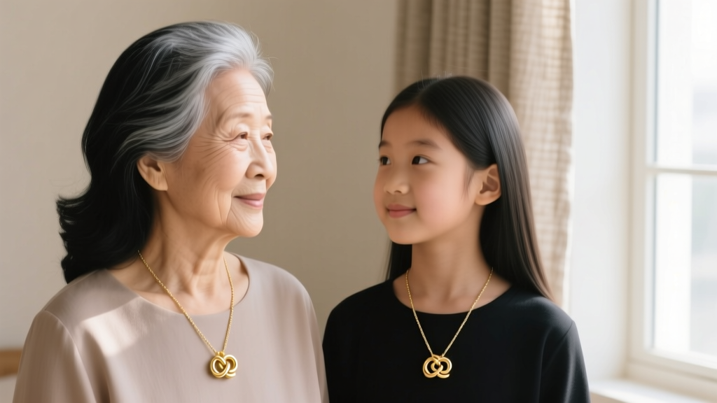 Grandmother and granddaughter wearing matching minimalist 14k gold knot pendants on delicate cable chains in soft warm lighting.