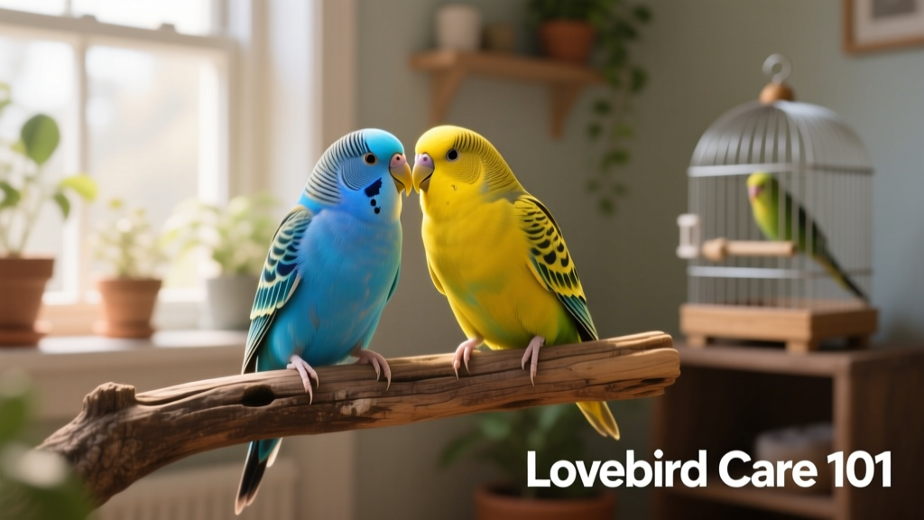 Two brightly colored lovebirds perched side by side on a natural wood perch, interacting gently