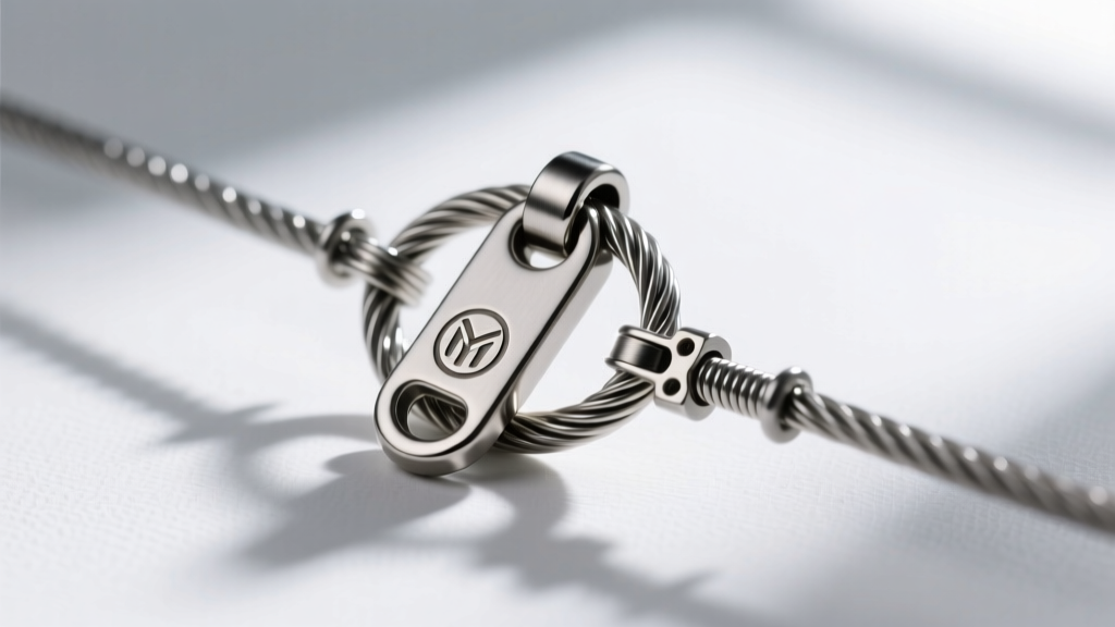Steel figure-eight safety wire looped around a magnetic pendant clasp, showing secondary mechanical drop-loss prevention