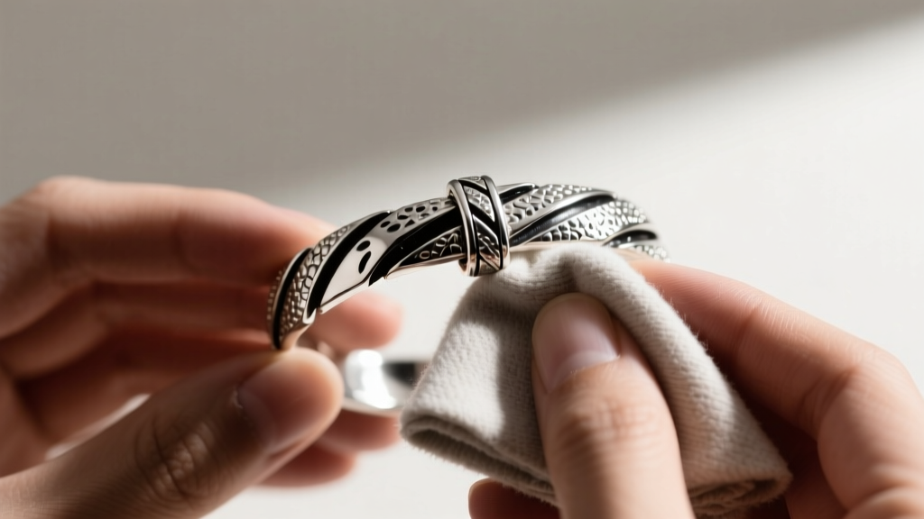 Hands using a microfiber cloth on a textured sterling silver charm bracelet, carefully avoiding the dark oxidized crevices.