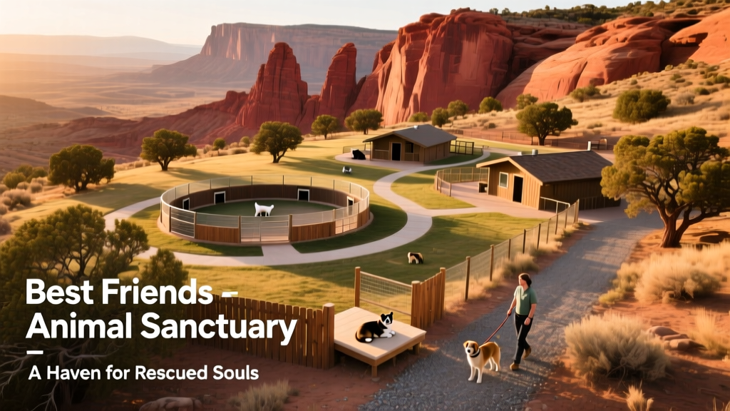 Aerial view of Best Friends Animal Sanctuary nestled among red-rock canyons and juniper trees in southern Utah