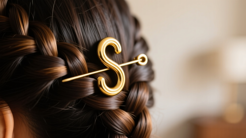 Macro shot of a gold tikka S-hook secured into braided hair with a bobby pin, showing proper weight distribution and secure style