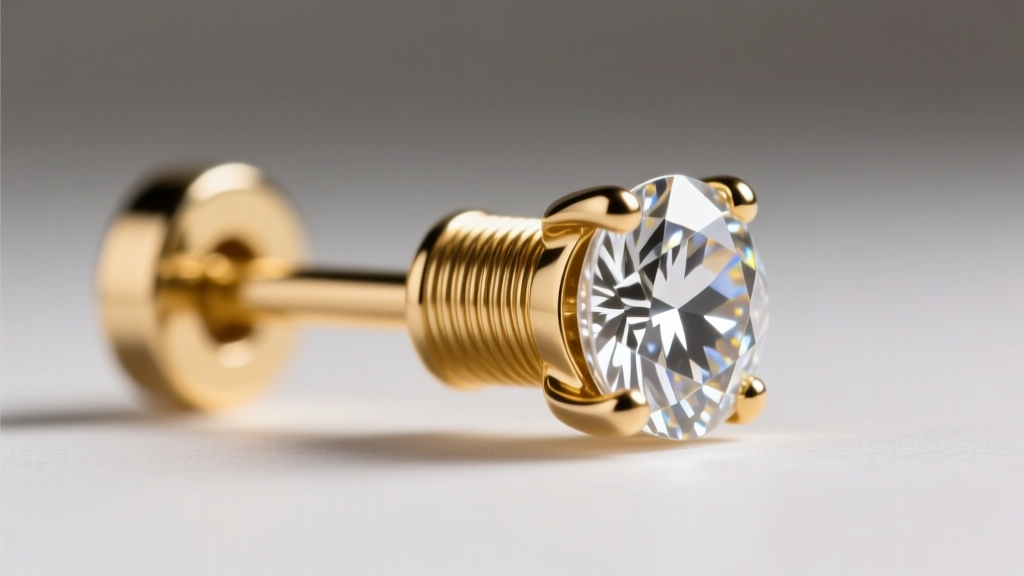 Macro view of an internally threaded 14k gold earring post connecting to a diamond end, highlighting precise, smooth metal threads.