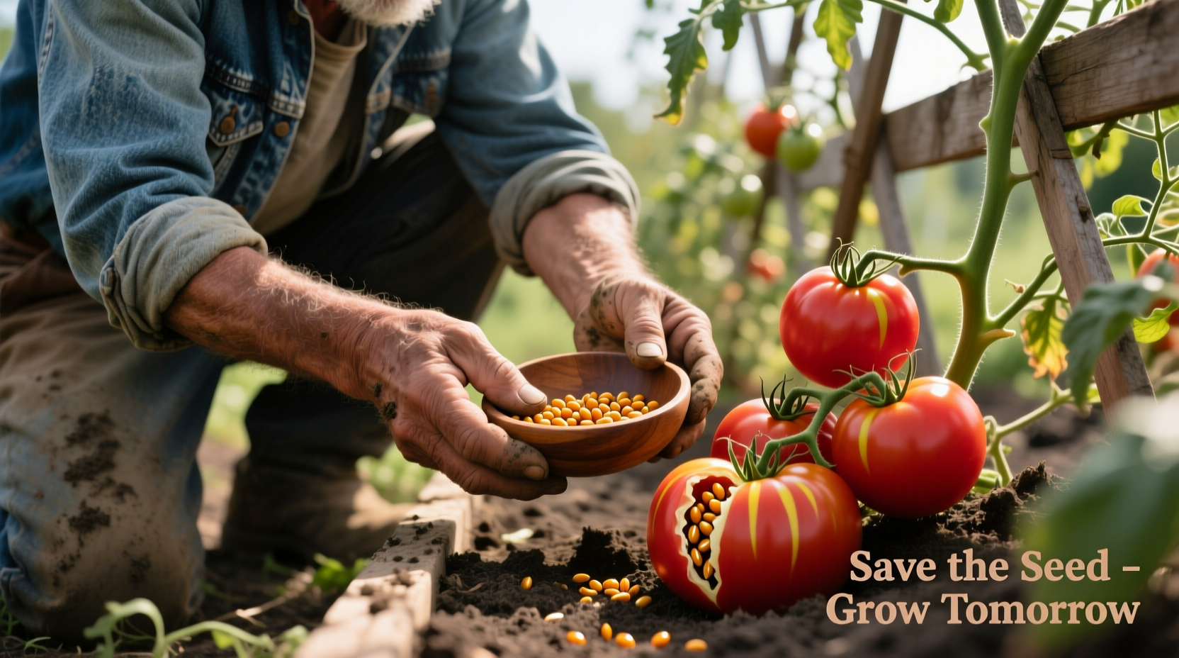 Gardener collecting seeds from ripe open pollinated tomatoes