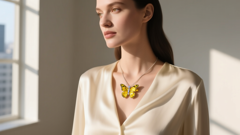 Woman wearing a yellow sapphire butterfly pendant over a cream silk blouse, illuminated by soft, natural window lighting.