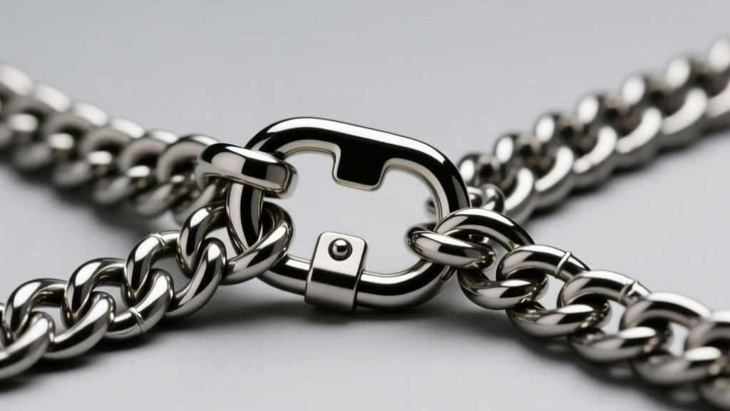 Close-up of a steel box clasp with a figure-8 safety securing a thick 8mm mens byzantine chain against a neutral gray background.