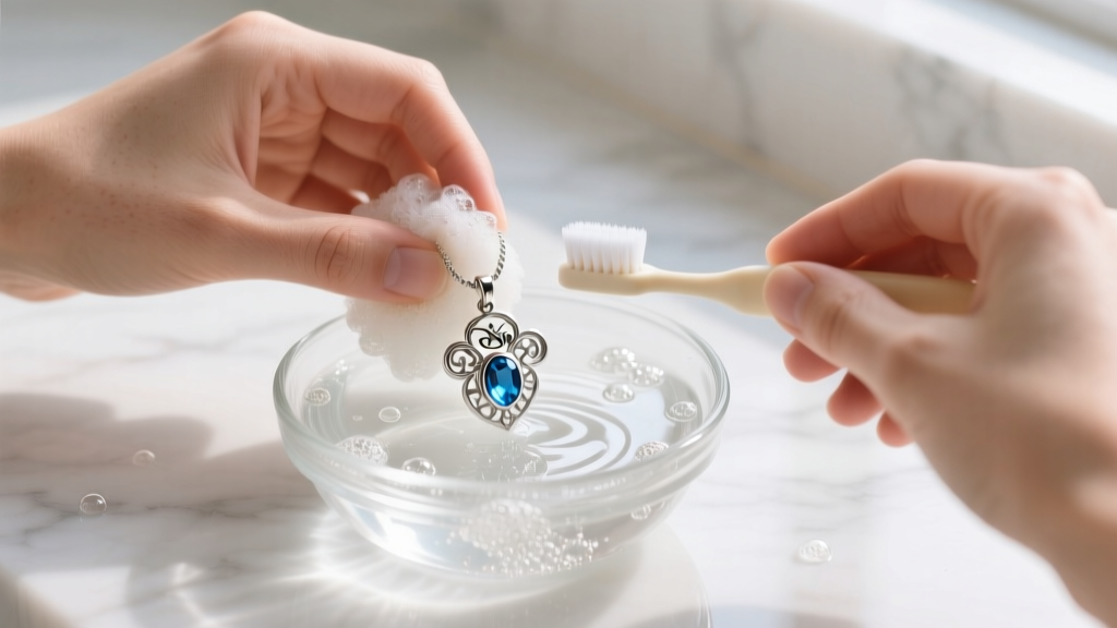 Hands gently scrubbing a delicate Disney pendant with an extra-soft baby toothbrush in a small glass bowl of soapy water