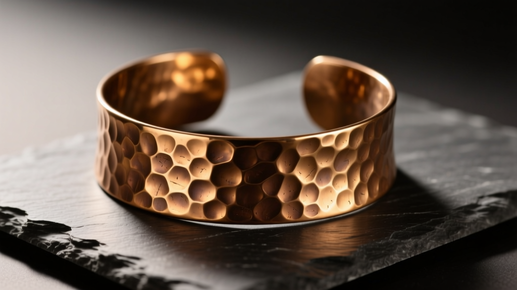 Hammered bronze cuff bracelet on dark slate, lit by warm directional light to highlight the rich golden-brown texture